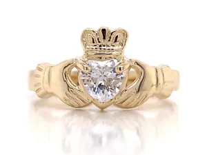 10ct Yellow Gold Claddagh Ring With Clear Stone