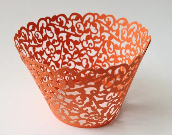 12 pcs MINI (Small) Orange Coral Filigree Lace Cupcake Wrappers