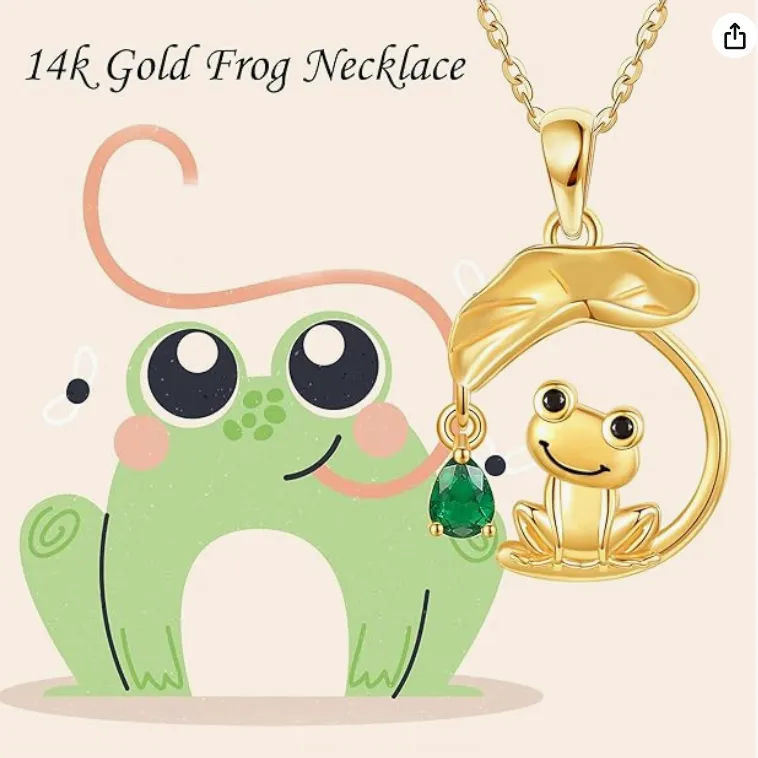 14K Gold Frog Necklace Pendant Toad Leaf Jewelry Green Emerald Womens Girls Teen Birthday Gift 14K Solid Gold 18in.