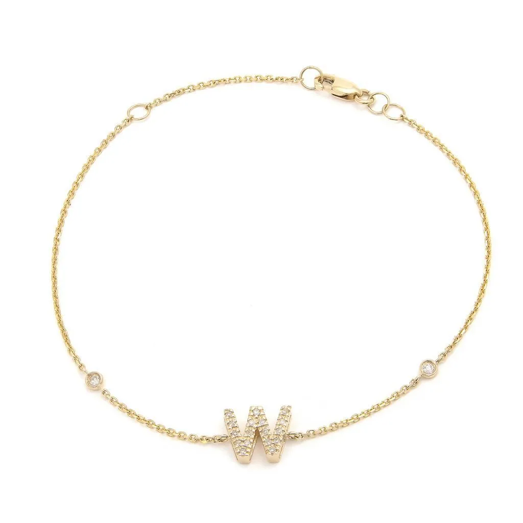 14K Gold Initial "W" Bracelet With Diamonds