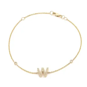 14K Gold Initial "W" Bracelet With Diamonds