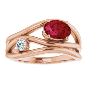 14K Rose Lab-Grown Ruby & 1/10 CTW Natural Diamond Ring