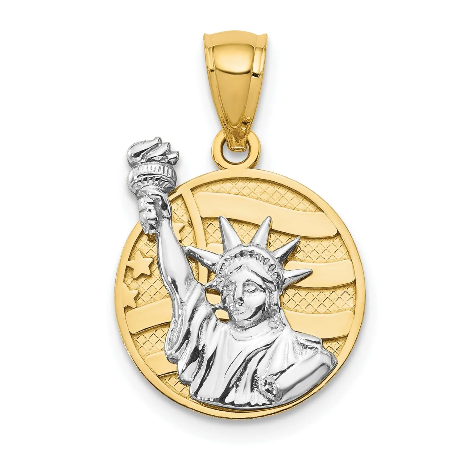 14k Two Tone Gold Solid Polished Textured Finish Lady Liberty on American Flag Disk Design Charm Pendant