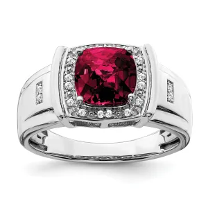 14k White Gold Cushion Created Ruby and Diamond Mens Ring