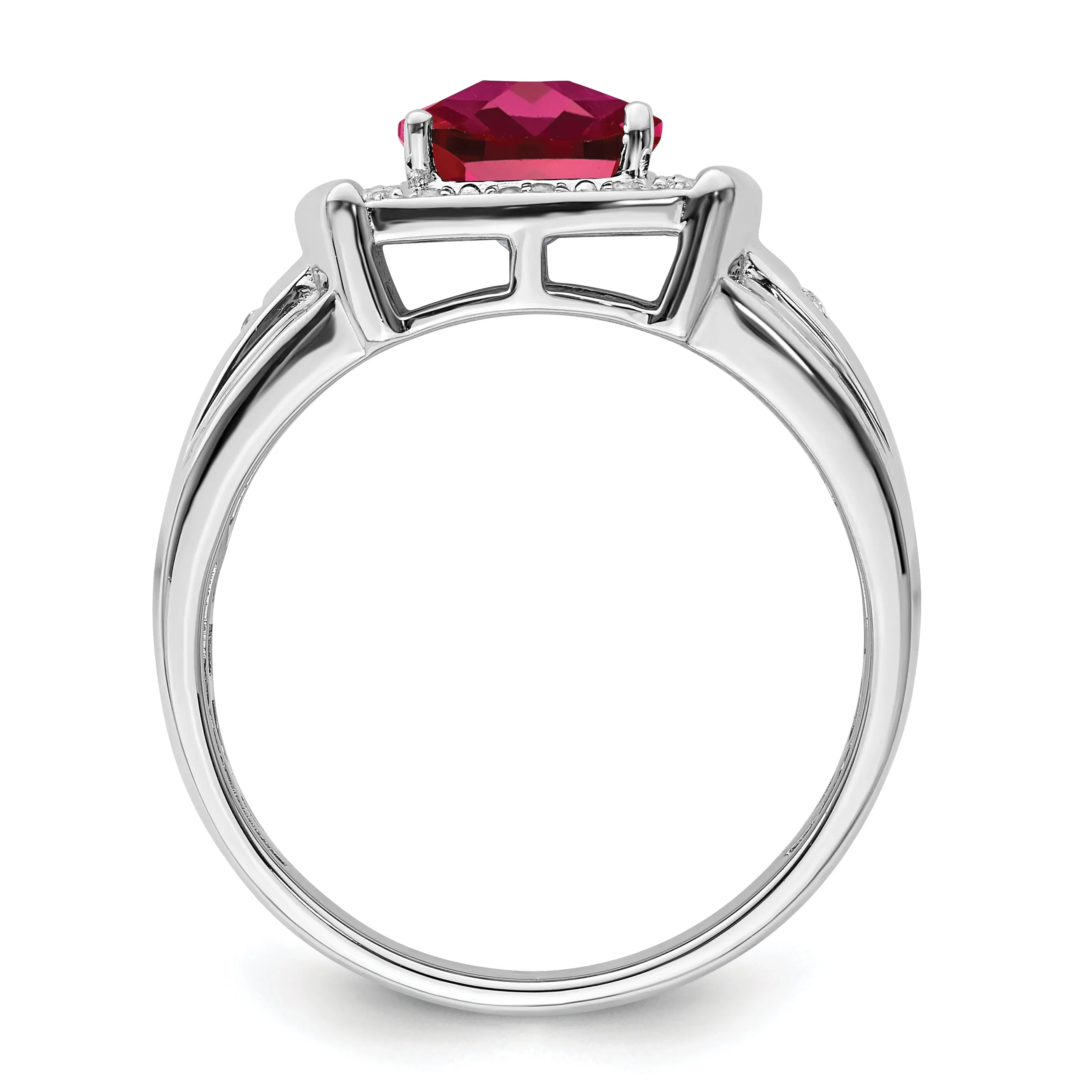 14k White Gold Cushion Created Ruby and Diamond Mens Ring