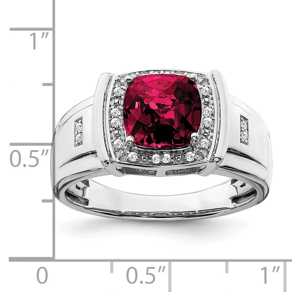 14k White Gold Cushion Created Ruby and Diamond Mens Ring