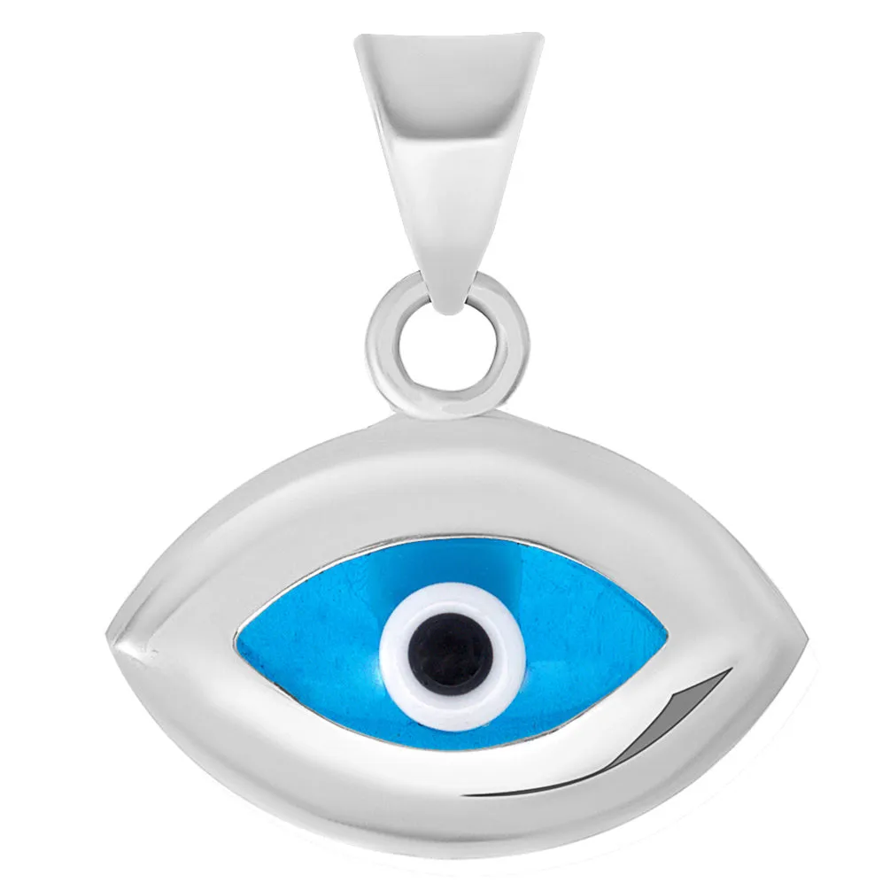 14k White Gold Eye Shaped Plain Blue Evil Eye Charm Pendant Necklace