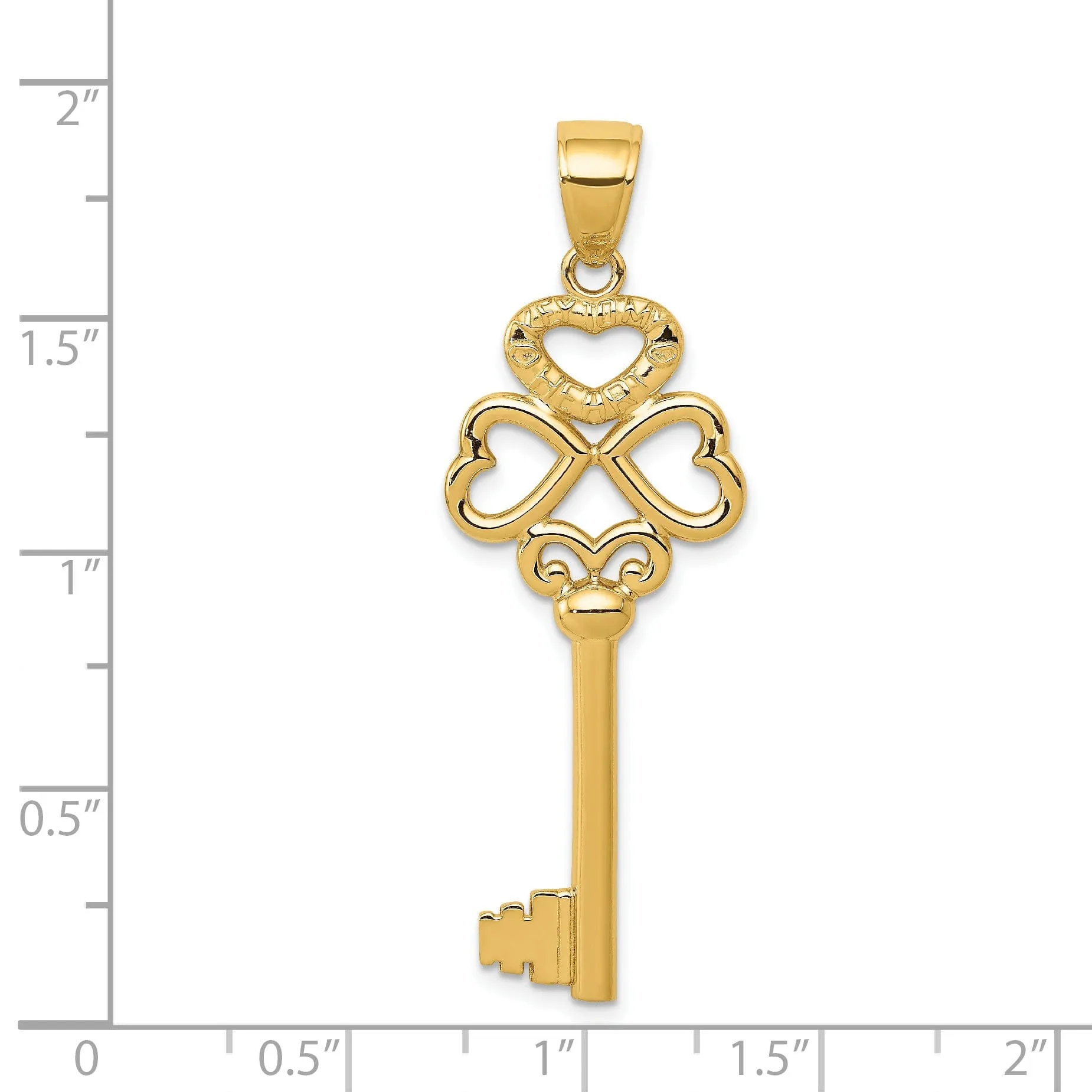 14K Yellow Gold 3-D Hearts KEY TO MY HEART Key Charm Pendant