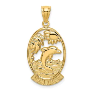 14K Yellow Gold Polished Finish SEA ISLE Dolphin with Sunset Scene Design Oval Shape Charm Pendant