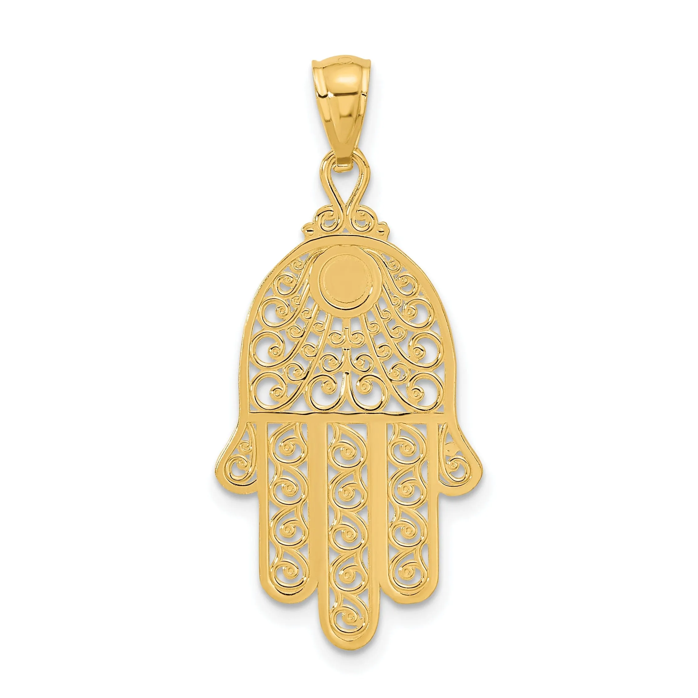 14k Yellow Gold Polished Texture D.C Finish Filigree Chamseh Pendant