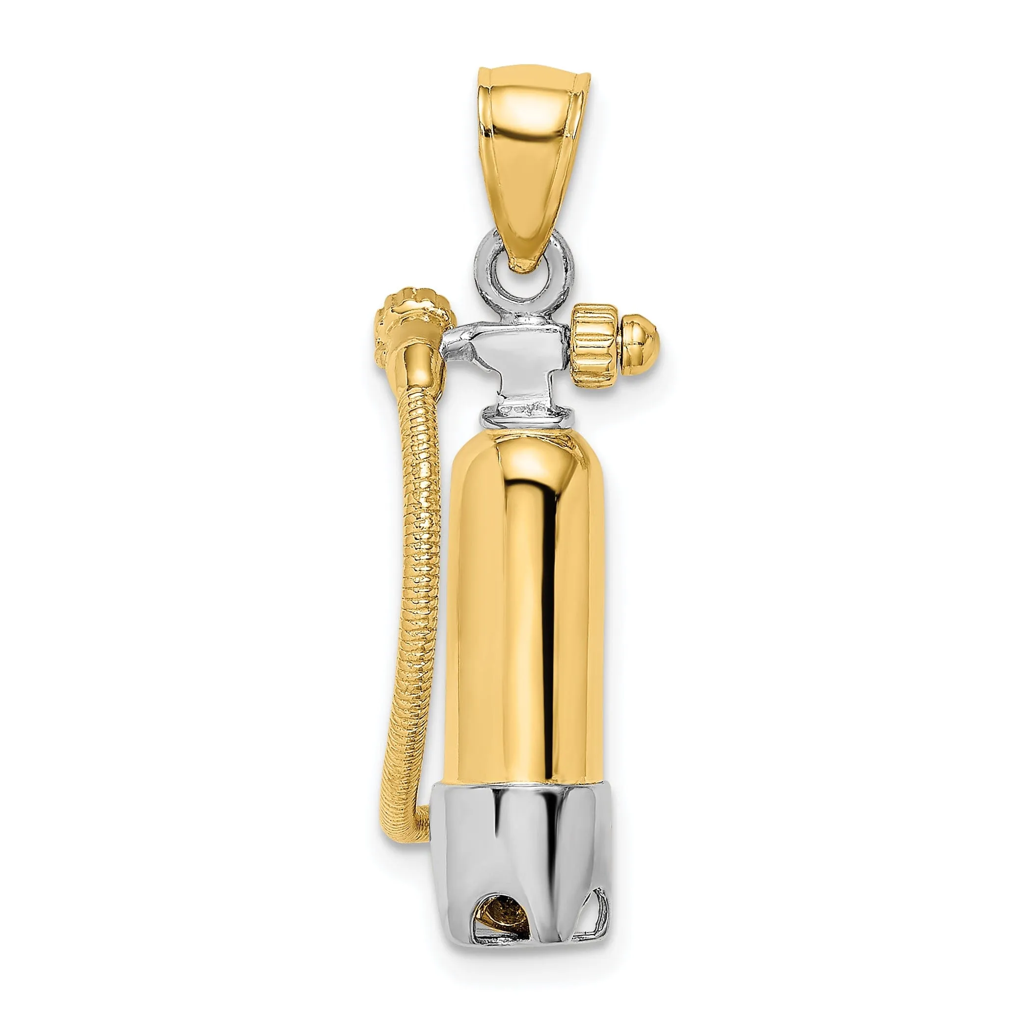 14K Yellow Gold Rhodium Polished Finish 3-Dimensional Single Scuba Tank with Hose Charm Pendant