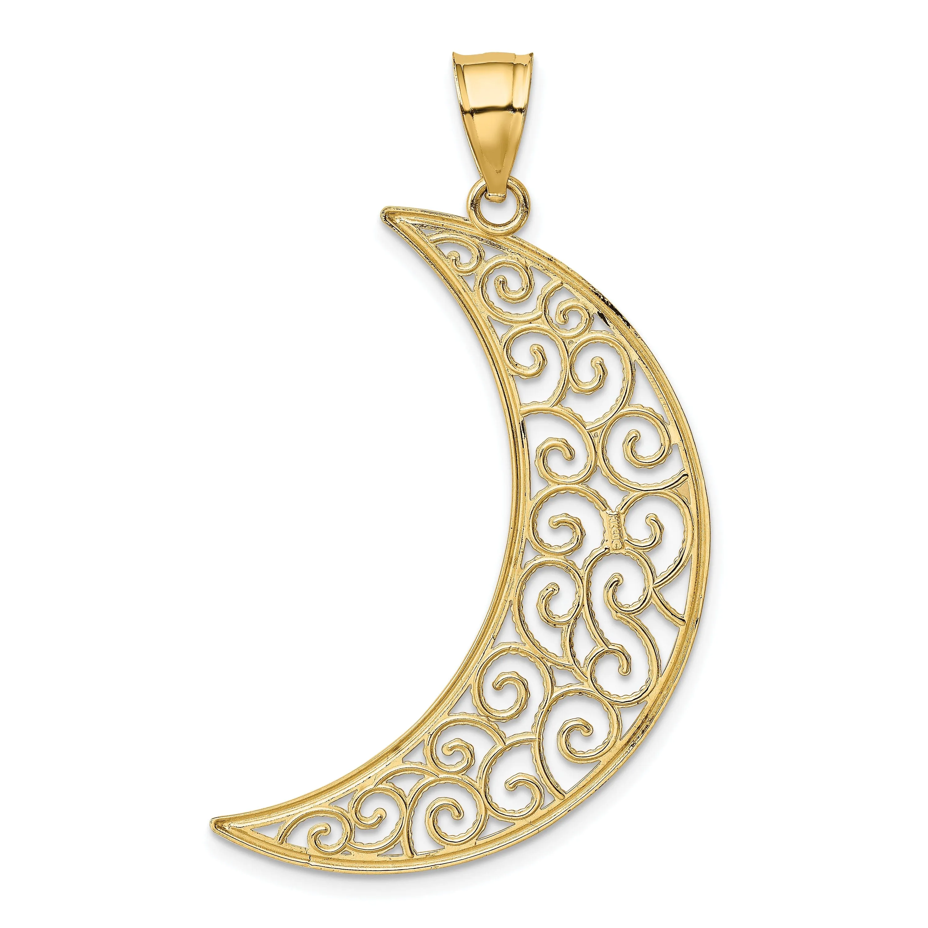 14k Yellow Gold Solid Open Back Solid Polished Finish Filigree Moon Design Charm Pendant