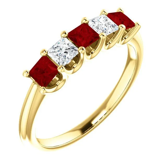 14KT GOLD 0.60 CTW RUBY & 0.33 CTW DIAMOND SQUARE 5 STONE BAND