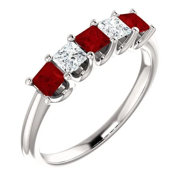 14KT GOLD 0.60 CTW RUBY & 0.33 CTW DIAMOND SQUARE 5 STONE BAND