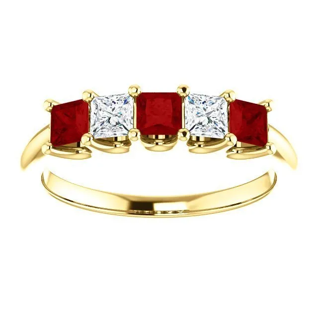 14KT GOLD 0.60 CTW RUBY & 0.33 CTW DIAMOND SQUARE 5 STONE BAND