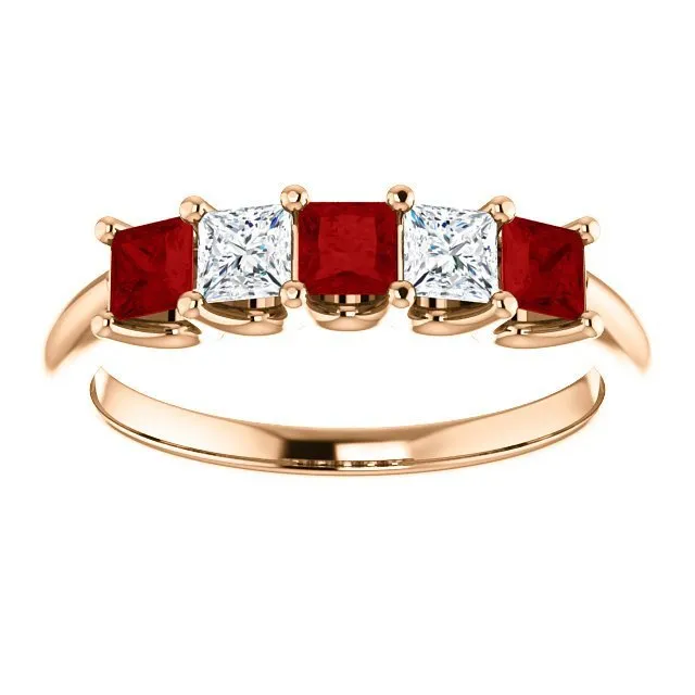 14KT GOLD 0.60 CTW RUBY & 0.33 CTW DIAMOND SQUARE 5 STONE BAND