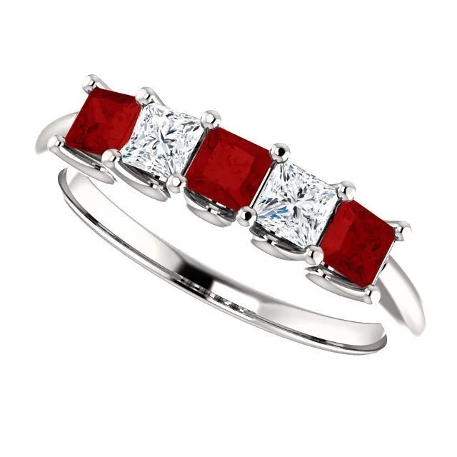 14KT GOLD 0.60 CTW RUBY & 0.33 CTW DIAMOND SQUARE 5 STONE BAND