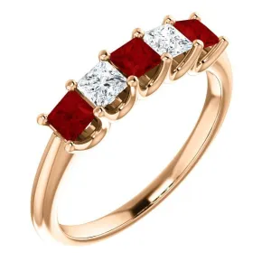 14KT GOLD 0.60 CTW RUBY & 0.33 CTW DIAMOND SQUARE 5 STONE BAND