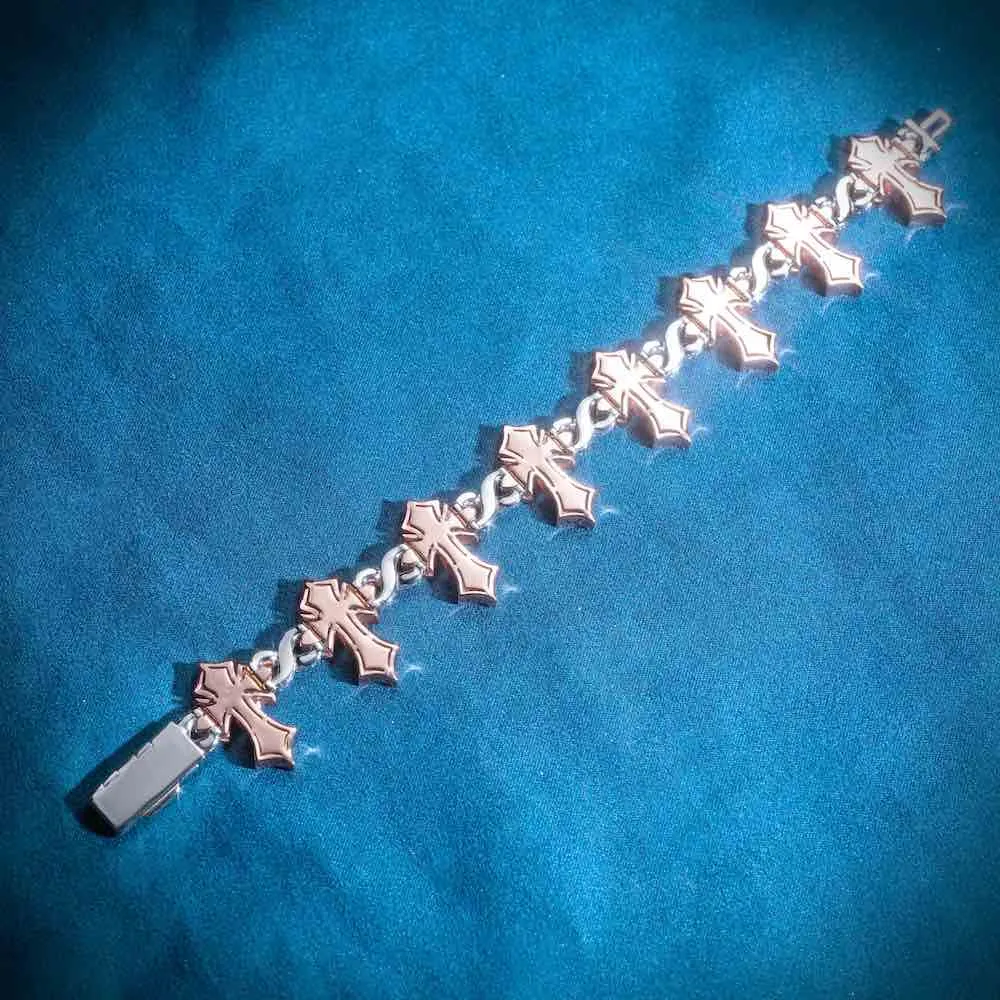 16MM Iced Out Cross Bracelet 14K Two Tone