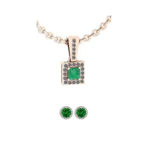 18K Rose Gold 1/2ct Halo Emerald Square 18 Inch Necklace and Halo Round Earrings Set Plated