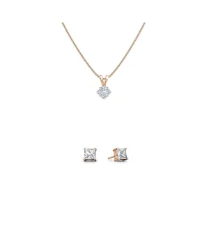 18K Rose Gold 3ct White Sapphire Square 18 Inch Necklace and Earrings Set Plated