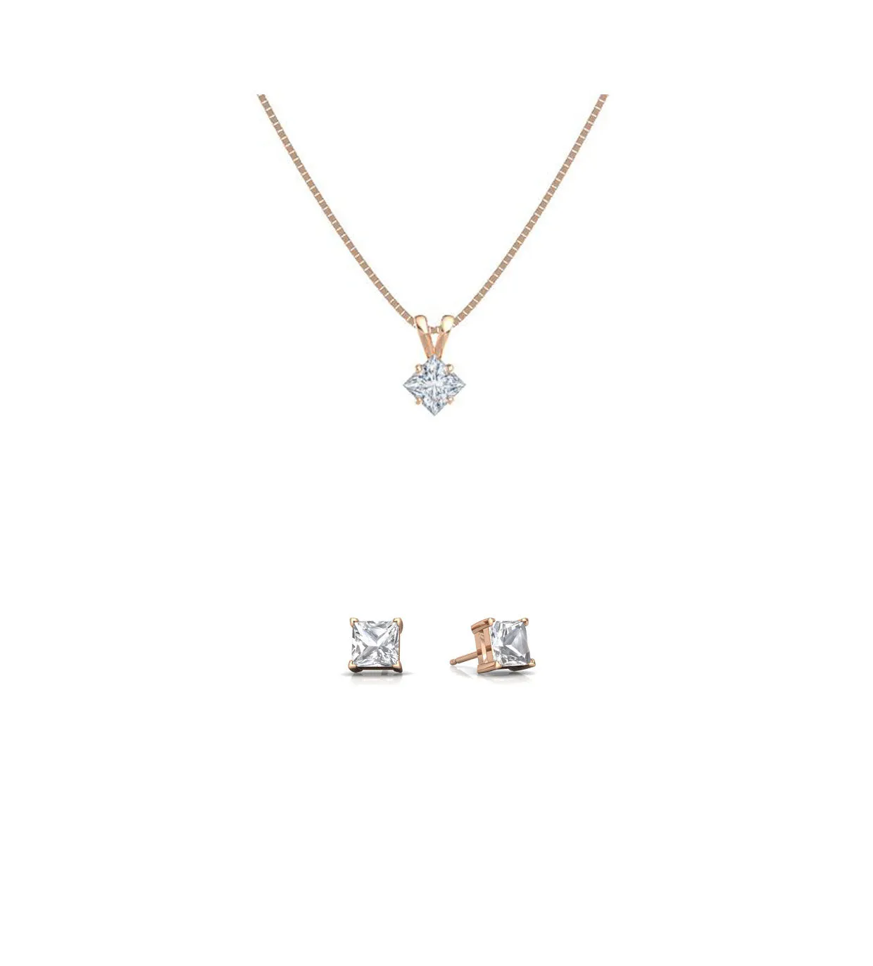 18K Rose Gold 3ct White Sapphire Square 18 Inch Necklace and Earrings Set Plated