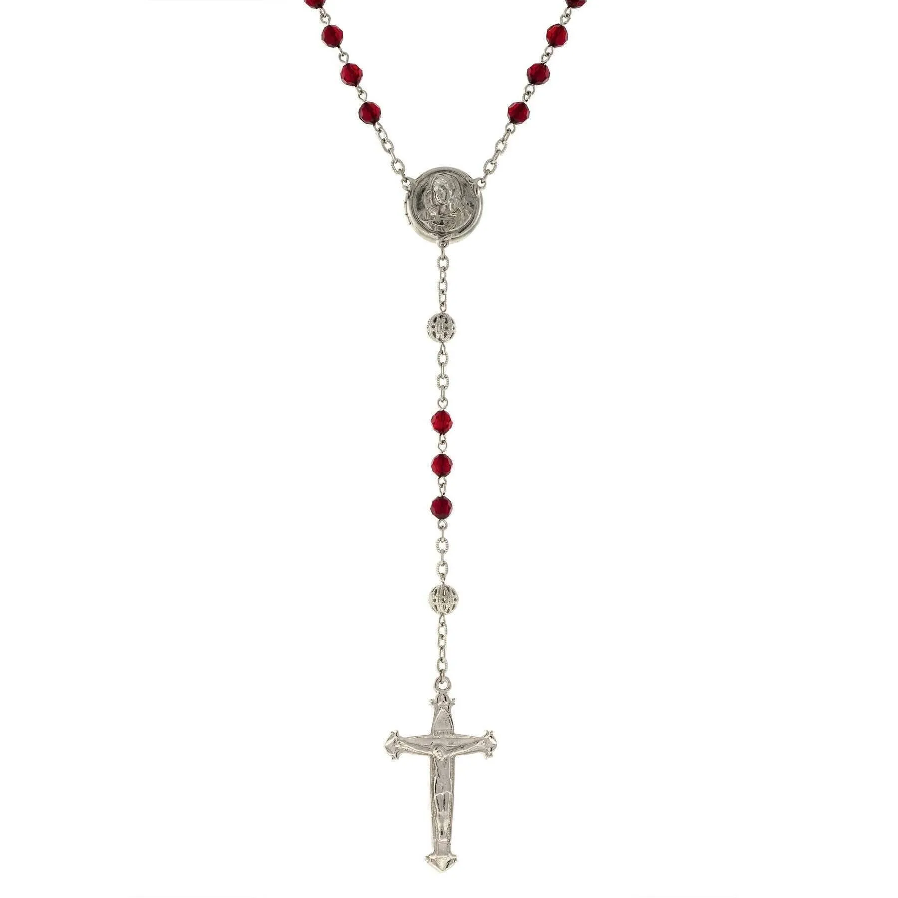 1928 Jewelry Beaded Crucifix With Mary Locket Necklace Rosary