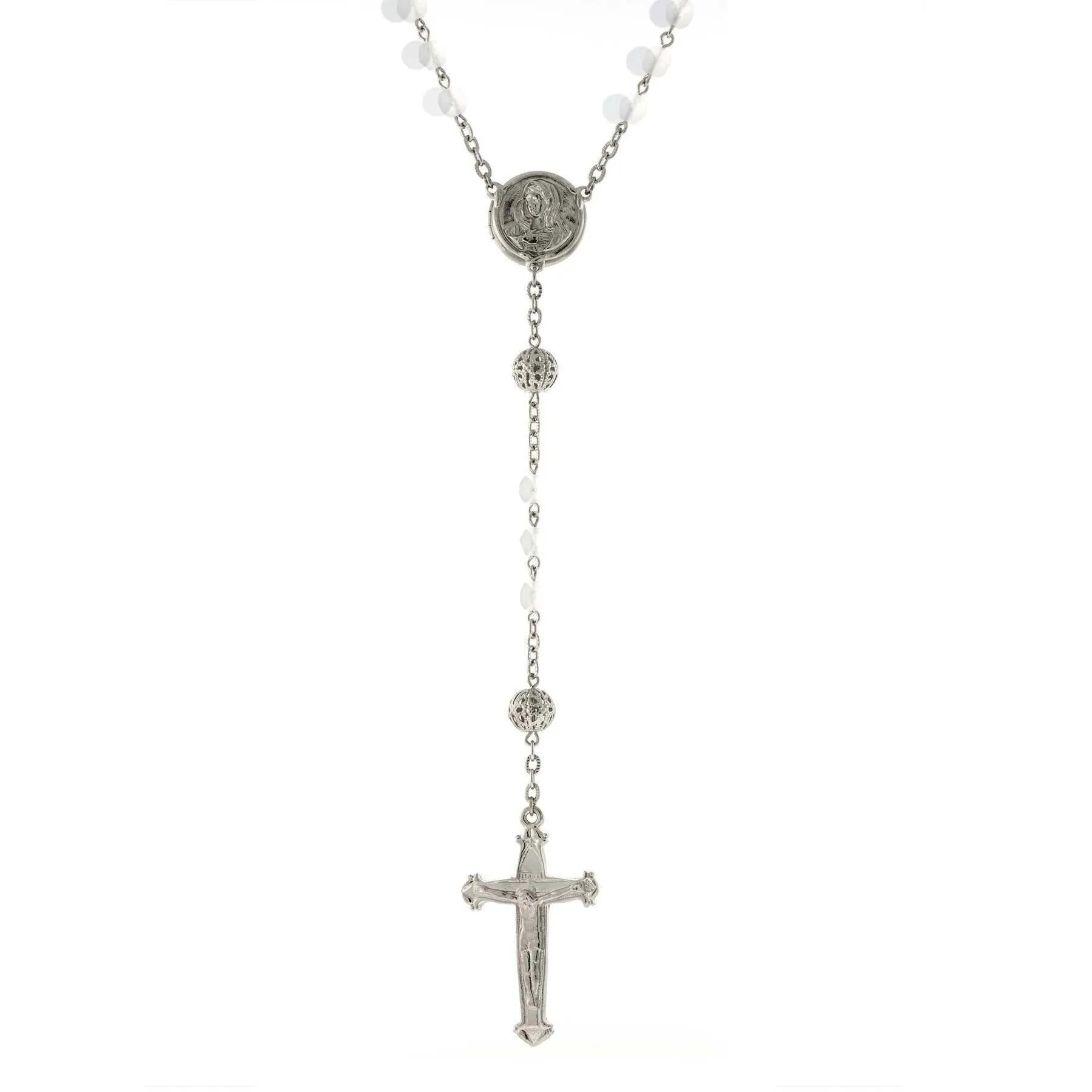 1928 Jewelry Beaded Crucifix With Mary Locket Necklace Rosary