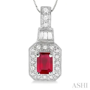 6x4 MM Octagon Cut Ruby and 1/4 Ctw Round and Baguette Cut Diamond Pendant in 14K White Gold with Chain