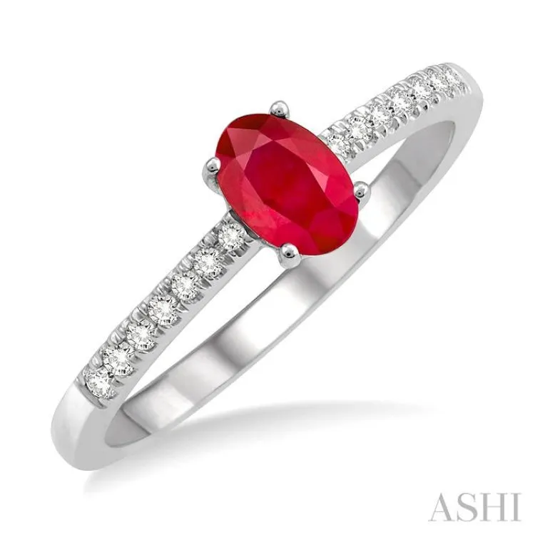 6X4 MM Oval Shape Ruby Center and 1/10 Ctw Round Cut Diamond Precious Stone Ring in 10K White Gold