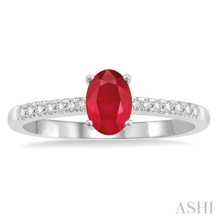 6X4 MM Oval Shape Ruby Center and 1/10 Ctw Round Cut Diamond Precious Stone Ring in 10K White Gold