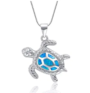 925 Sterling Silver Blue Opal Sea Turtle Pendant Necklace Turtle Jewelry Chain Gift 20in.