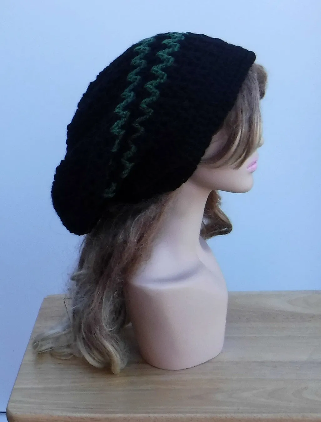 All year slouchy beanie, large Tam Dreadlock Hippie Beanie Dread Hat long beanie black/green