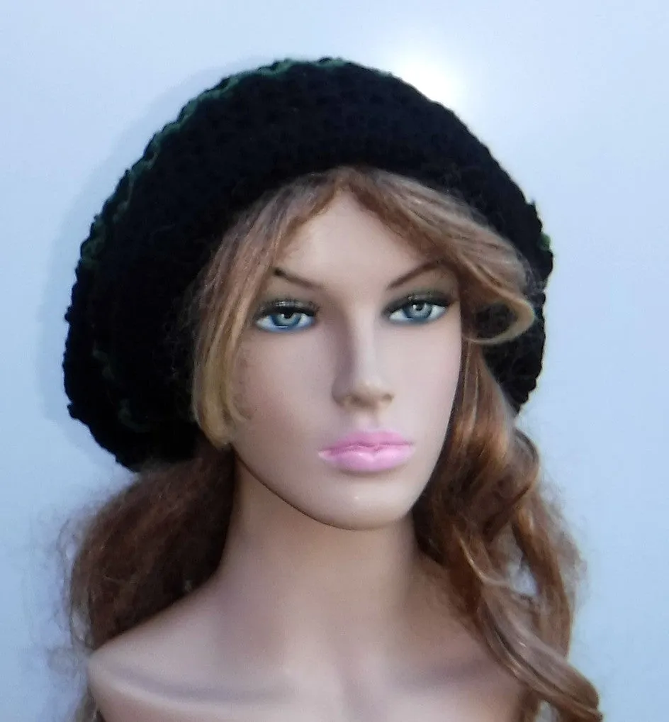 All year slouchy beanie, large Tam Dreadlock Hippie Beanie Dread Hat long beanie black/green