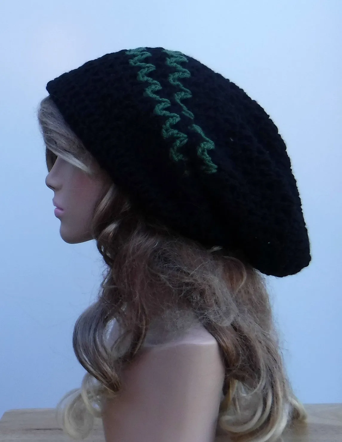 All year slouchy beanie, large Tam Dreadlock Hippie Beanie Dread Hat long beanie black/green