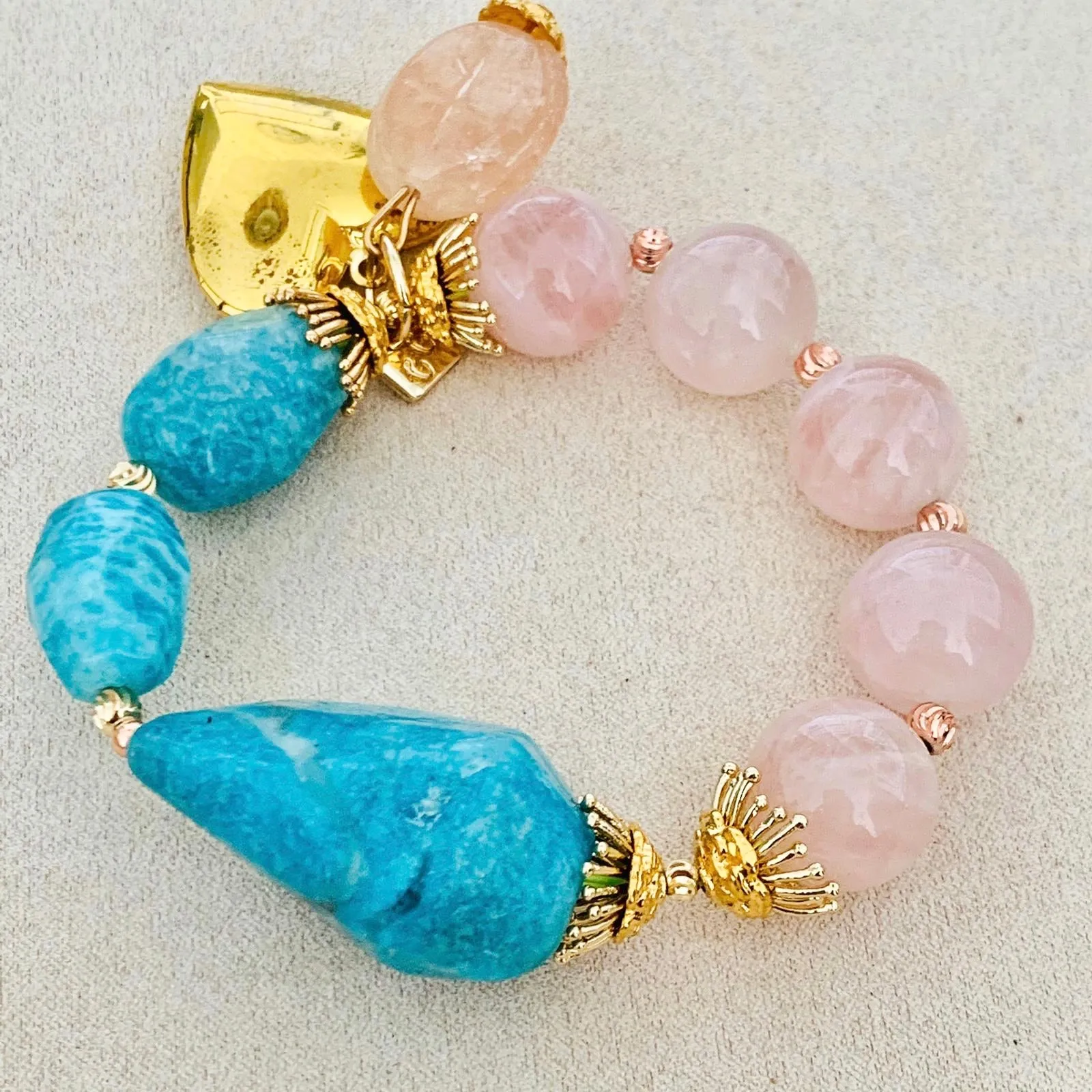 Amazonite & Madagascar Rose Quartz Bracelet (With Lockets)