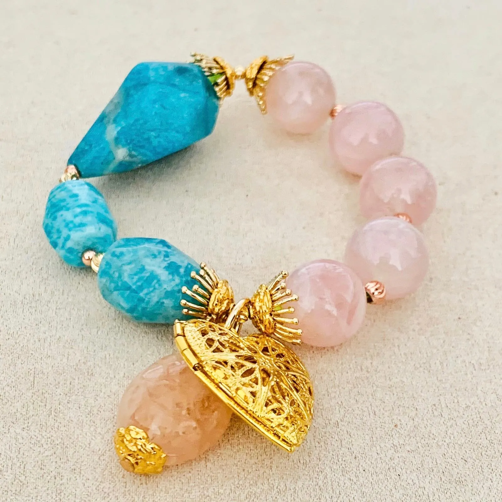 Amazonite & Madagascar Rose Quartz Bracelet (With Lockets)