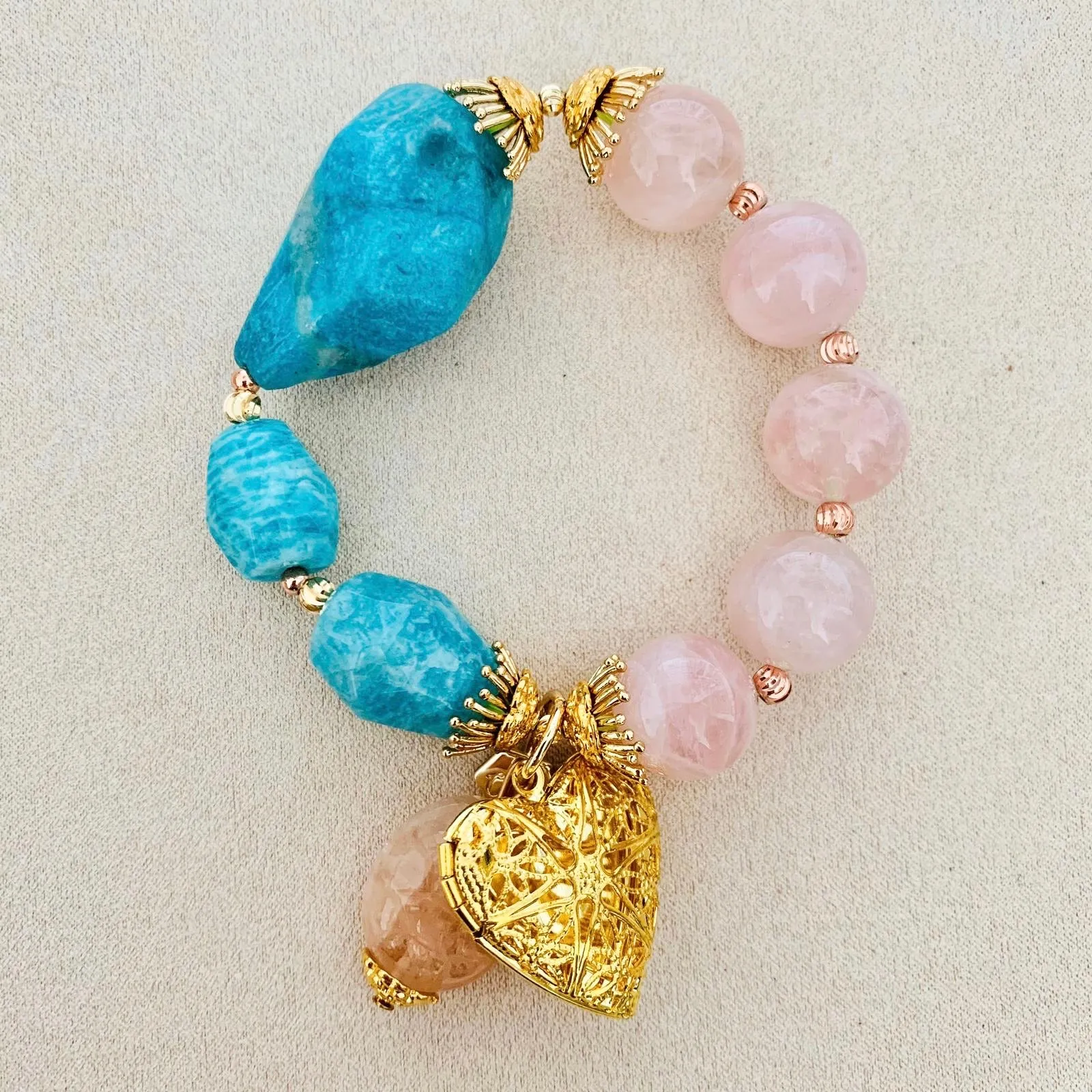 Amazonite & Madagascar Rose Quartz Bracelet (With Lockets)