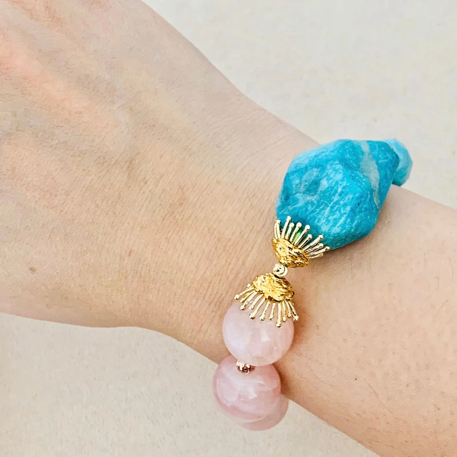 Amazonite & Madagascar Rose Quartz Bracelet (With Lockets)