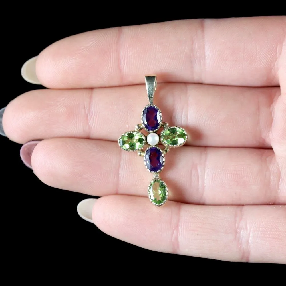 Amethyst Peridot Pearl Suffragette Cross Pendant 9Ct Gold