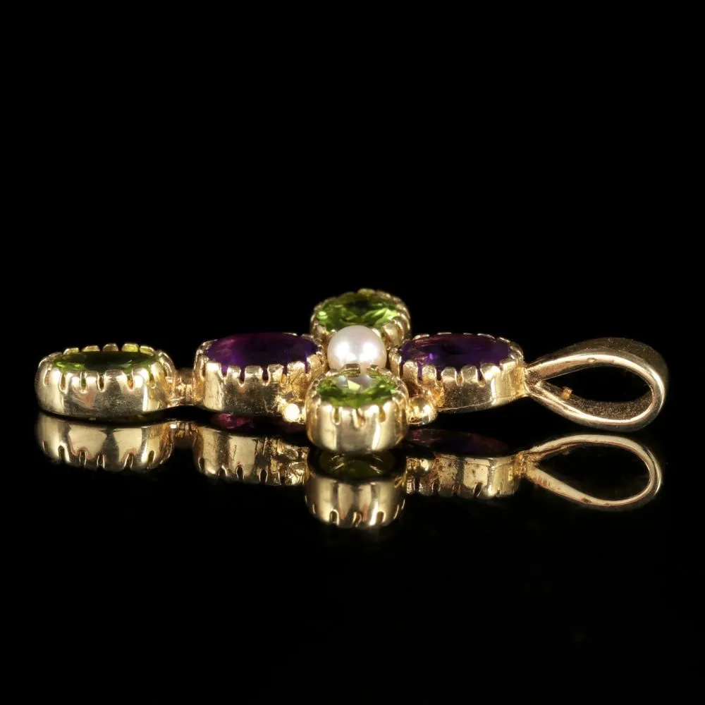 Amethyst Peridot Pearl Suffragette Cross Pendant 9Ct Gold