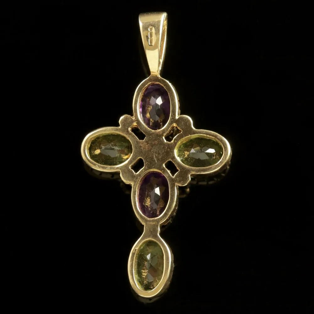 Amethyst Peridot Pearl Suffragette Cross Pendant 9Ct Gold