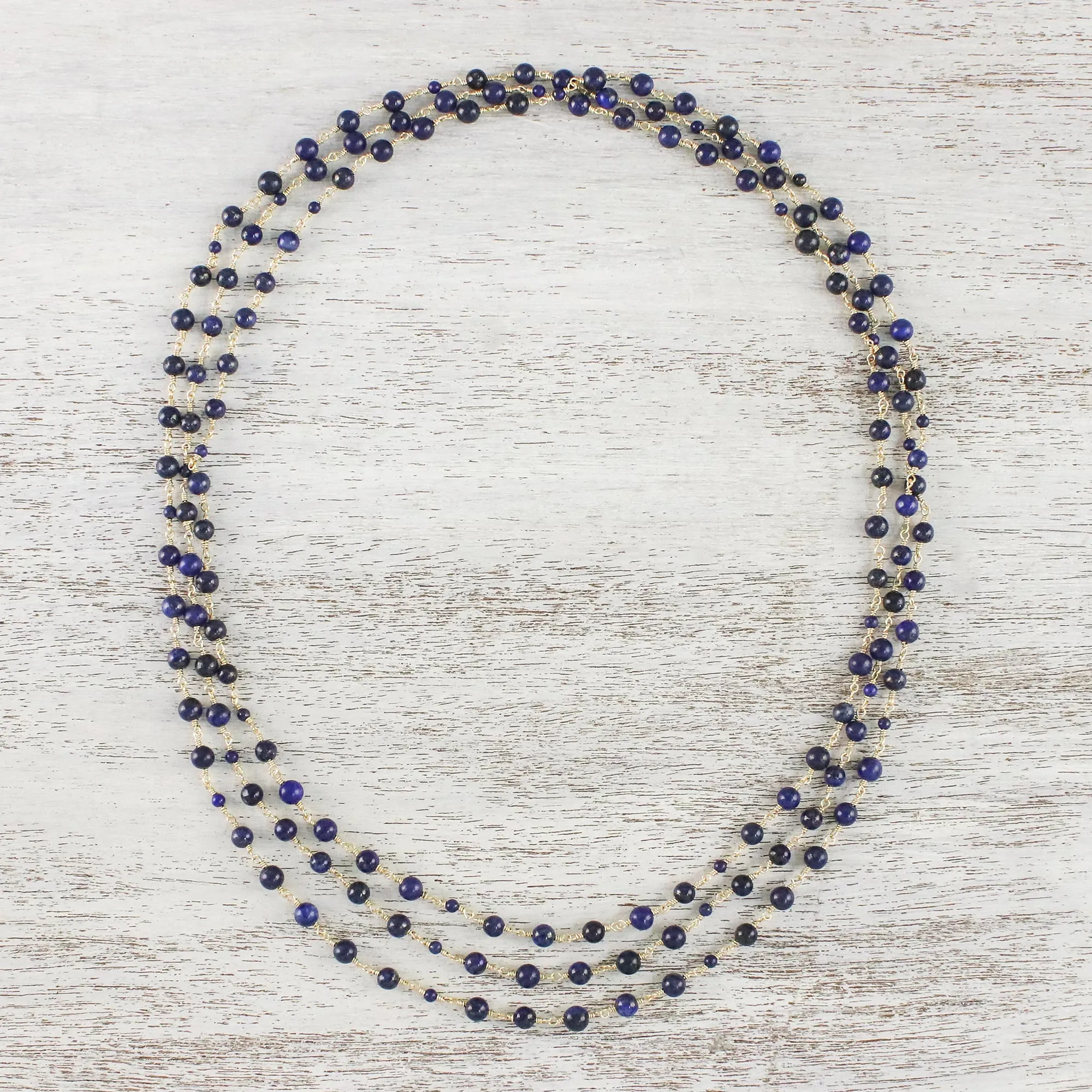 Andaman Sea Blue Lapis Lazuli and Brass Long Beaded Necklace