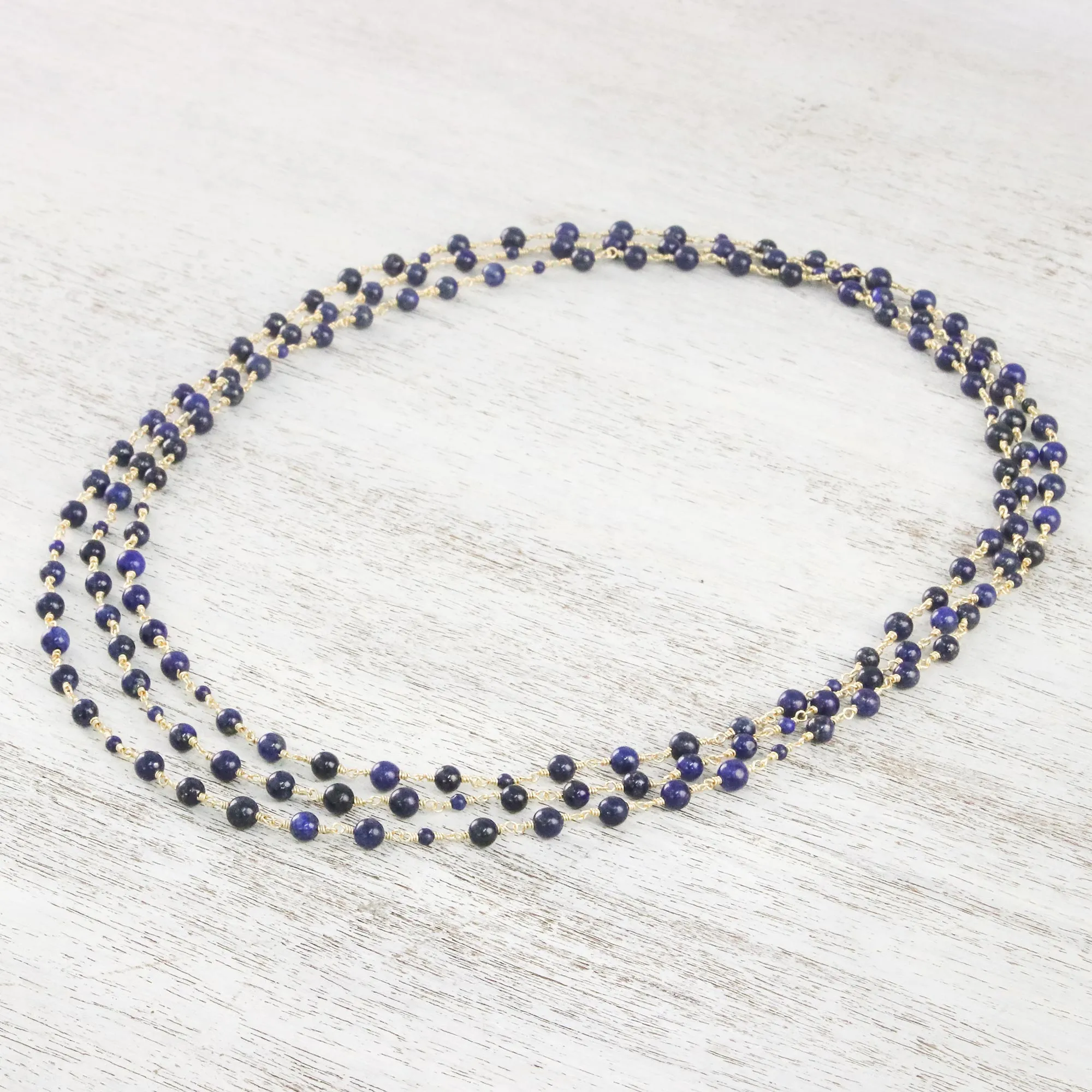 Andaman Sea Blue Lapis Lazuli and Brass Long Beaded Necklace