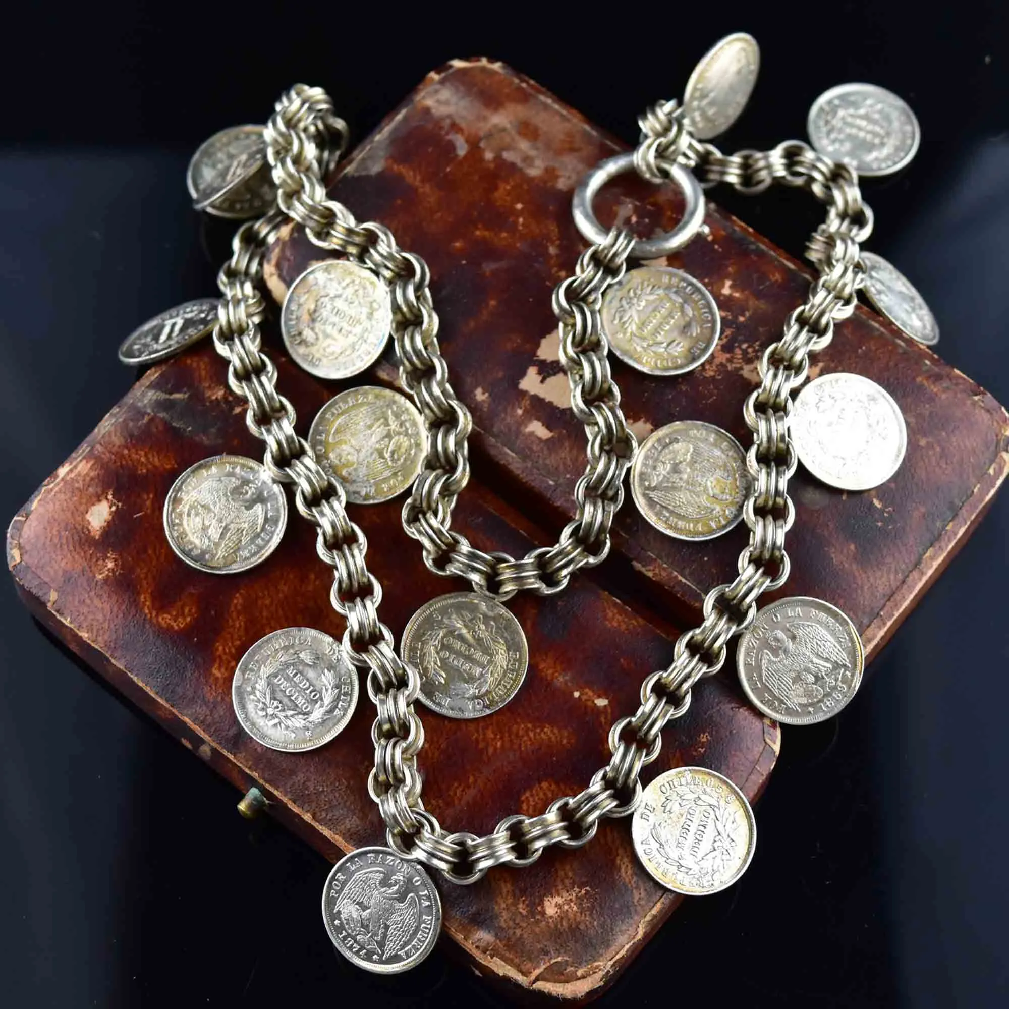 Antique 1869 Silver Watch Chain Coin Fringe Necklace