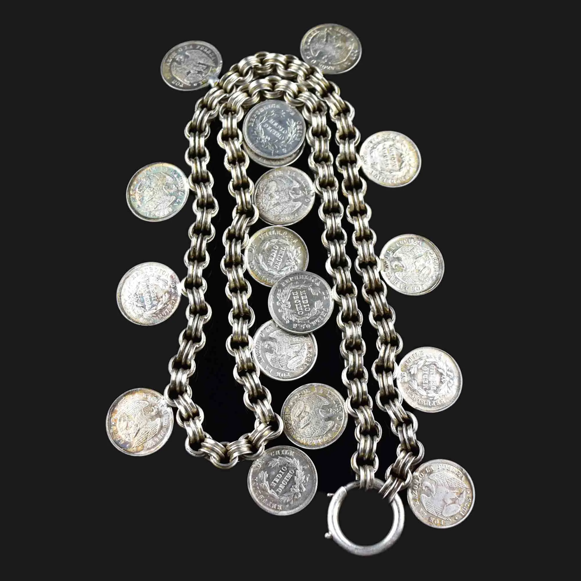 Antique 1869 Silver Watch Chain Coin Fringe Necklace