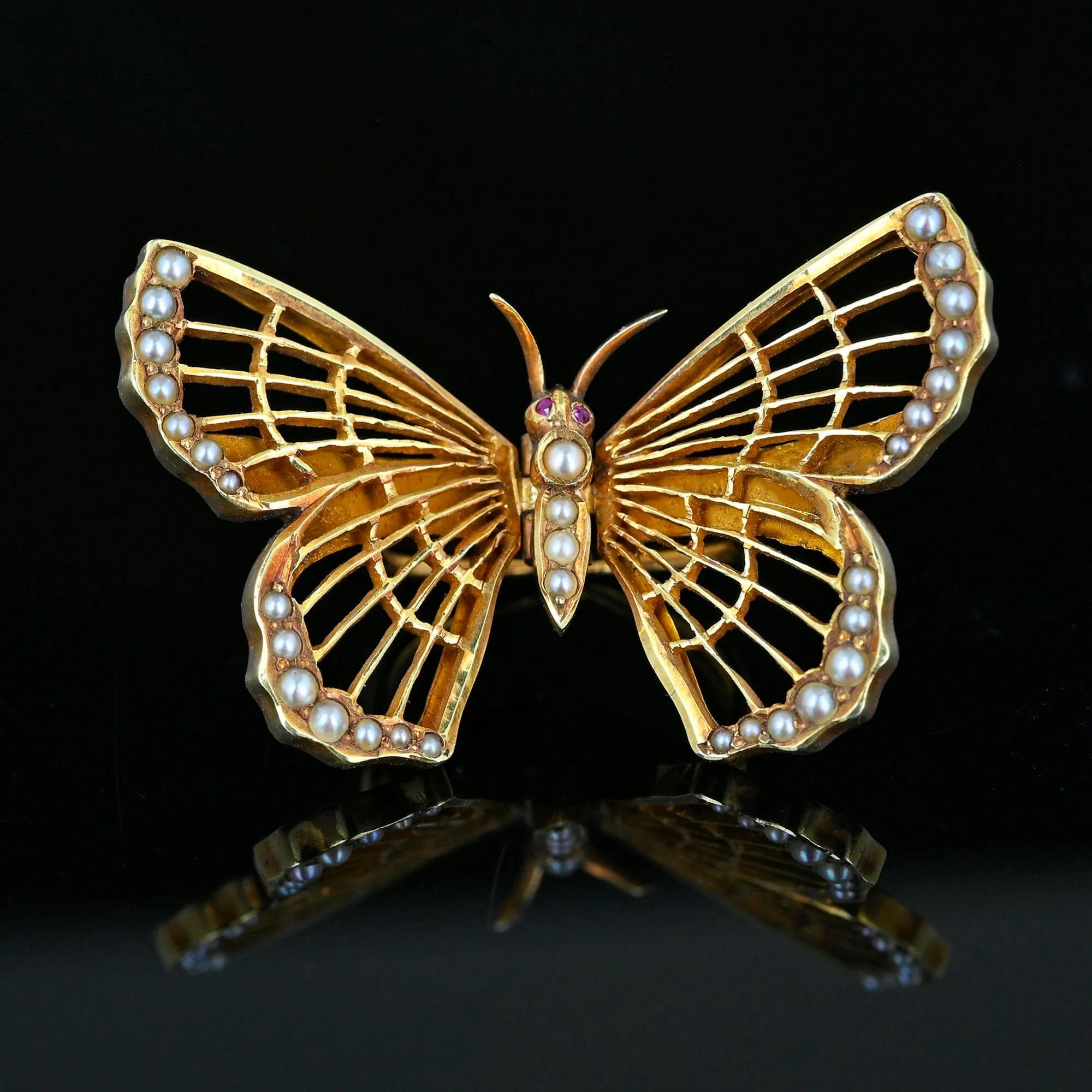 Antique AJ Hedges 14K Gold Pearl Ruby Butterfly Brooch Clip