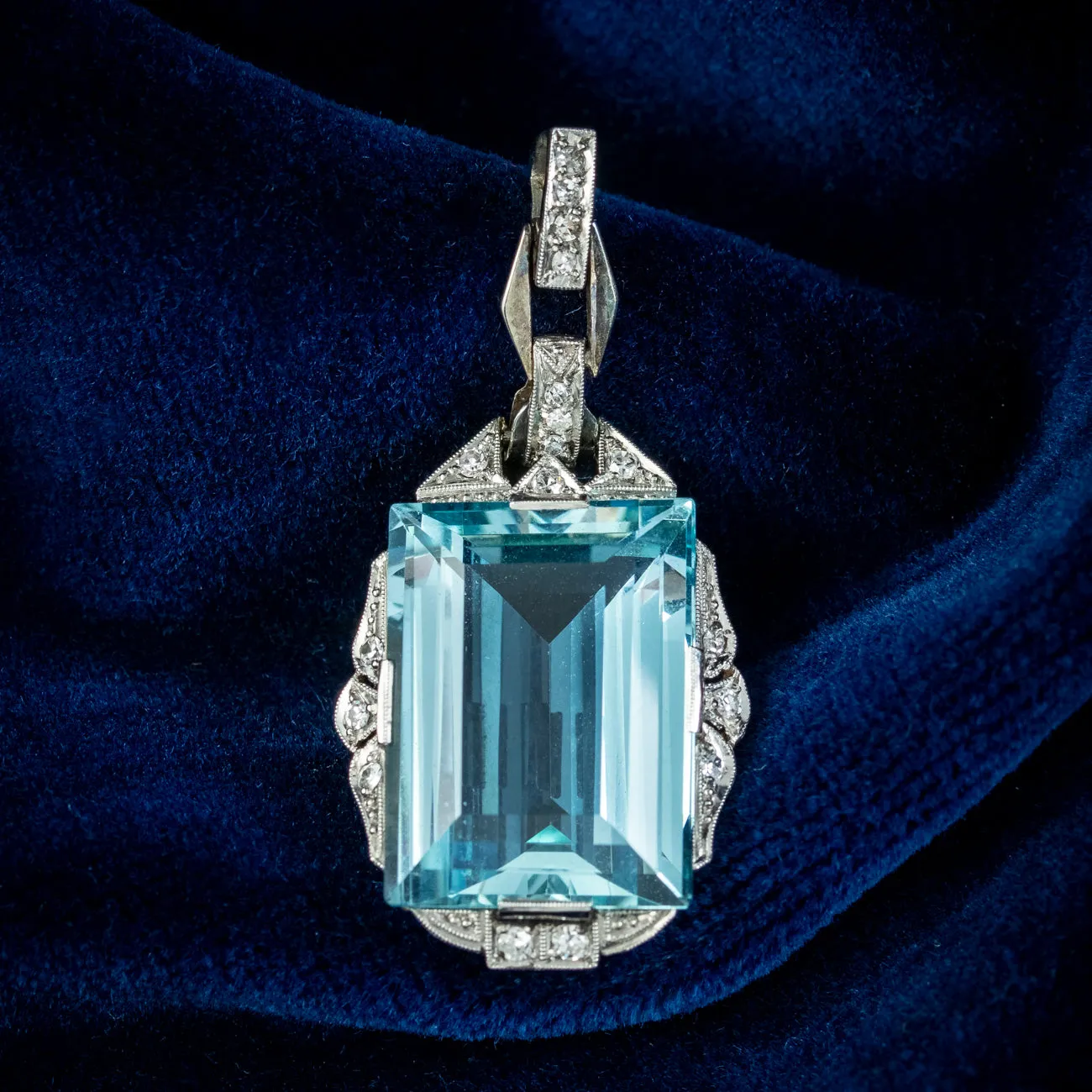 Antique Art Deco Aquamarine Diamond Pendant Platinum 20ct Aqua