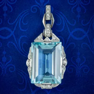 Antique Art Deco Aquamarine Diamond Pendant Platinum 20ct Aqua