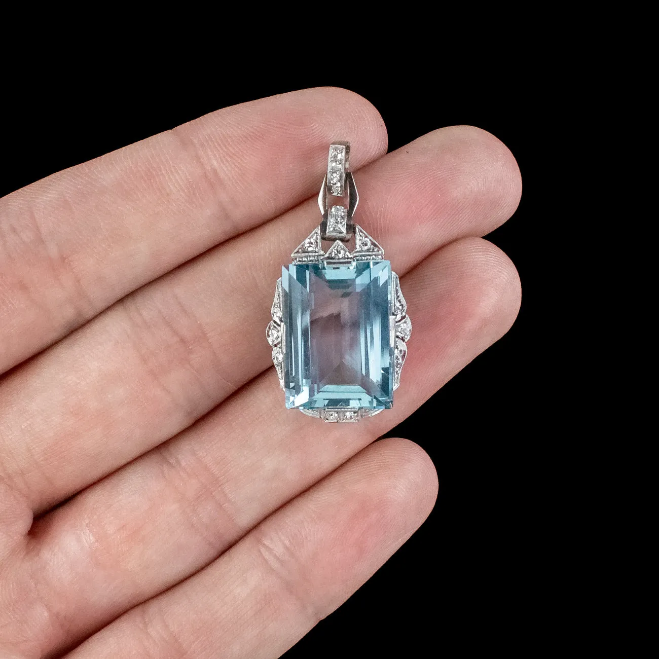 Antique Art Deco Aquamarine Diamond Pendant Platinum 20ct Aqua